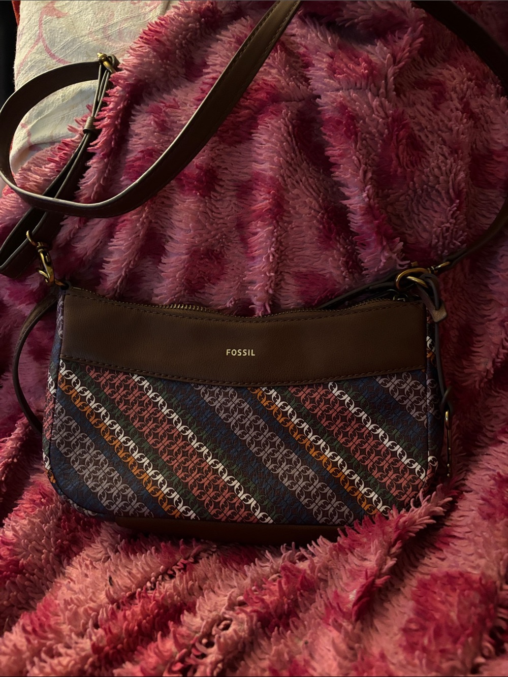 Fossil Multicolor Monogram Crossbody with Brown Trim